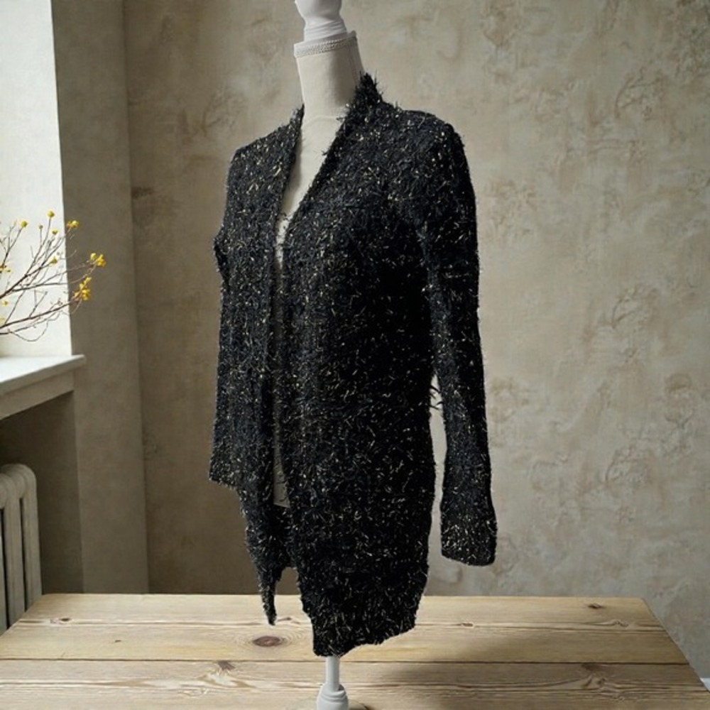 Faith + Linen Black &‎ Metallic Gold Shaggy Eyelash Cardigan Sweater S/M